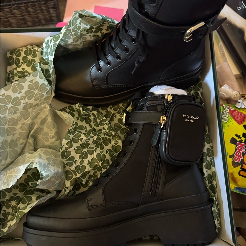 Kate Spade Black Combat Boots with Pouch